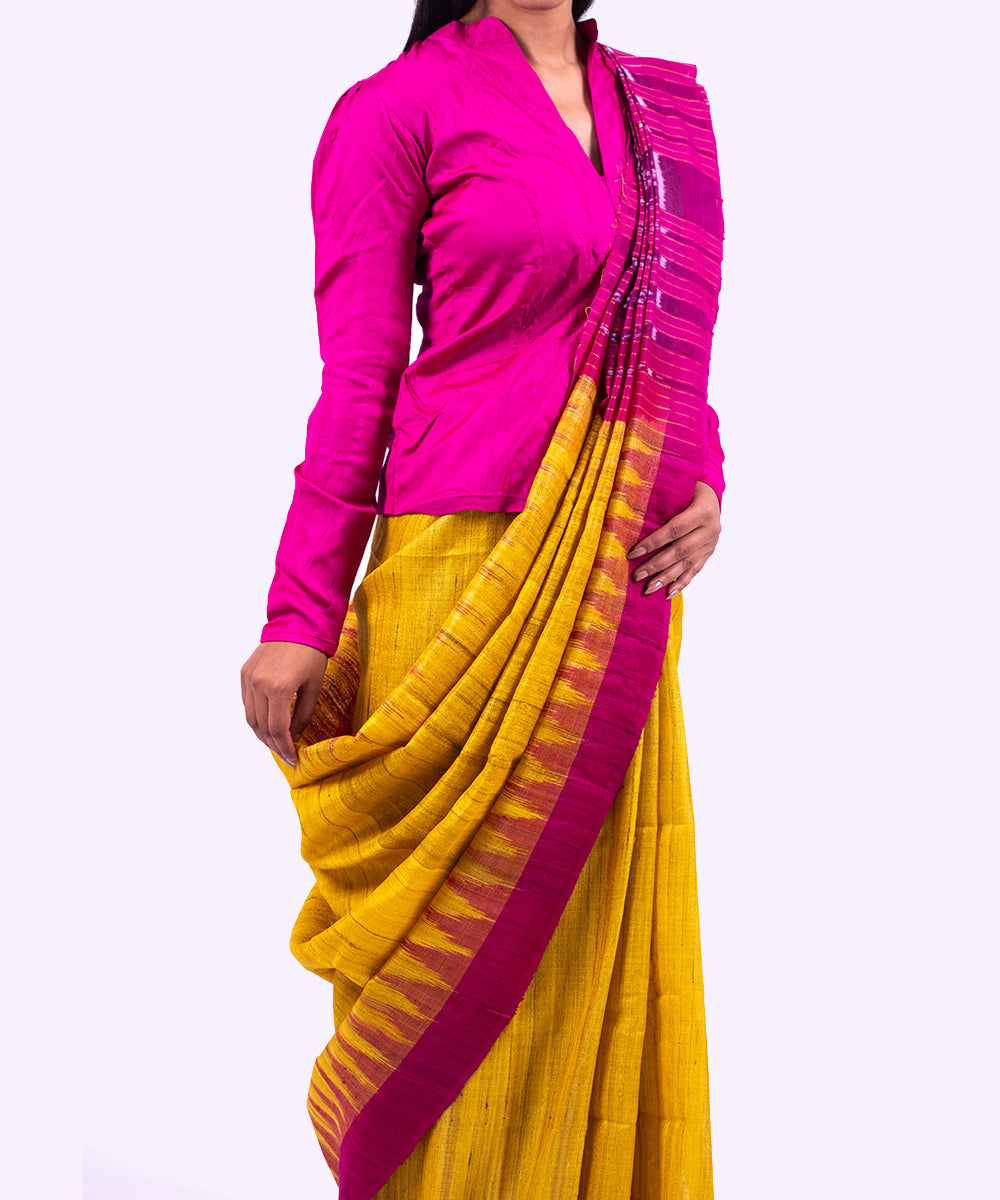 Yellow pink handwoven tussar silk saree