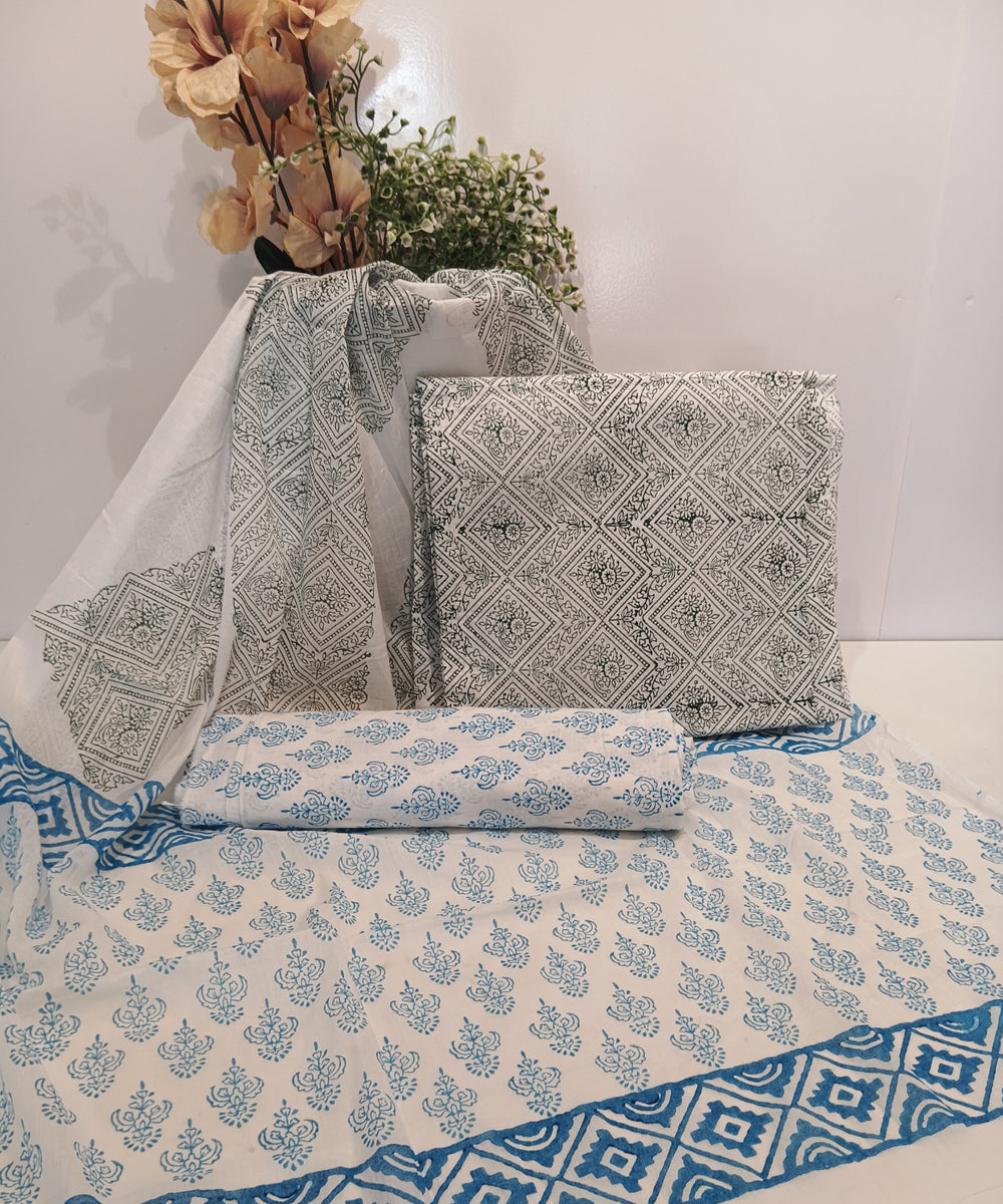 Sky blue white hand block printed cotton dress material – GoSwadeshi