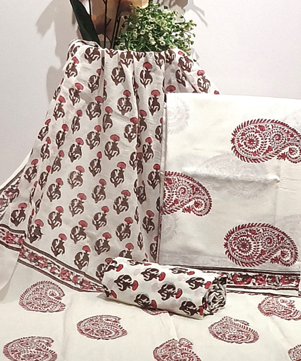White white hand block printed cotton dress material – GoSwadeshi