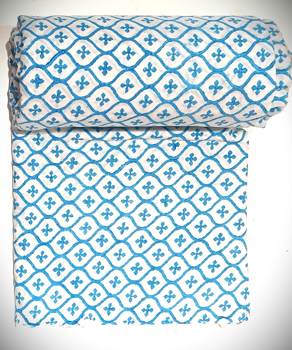 2.5 mtr sky blue white cotton hand block printed kurta material
