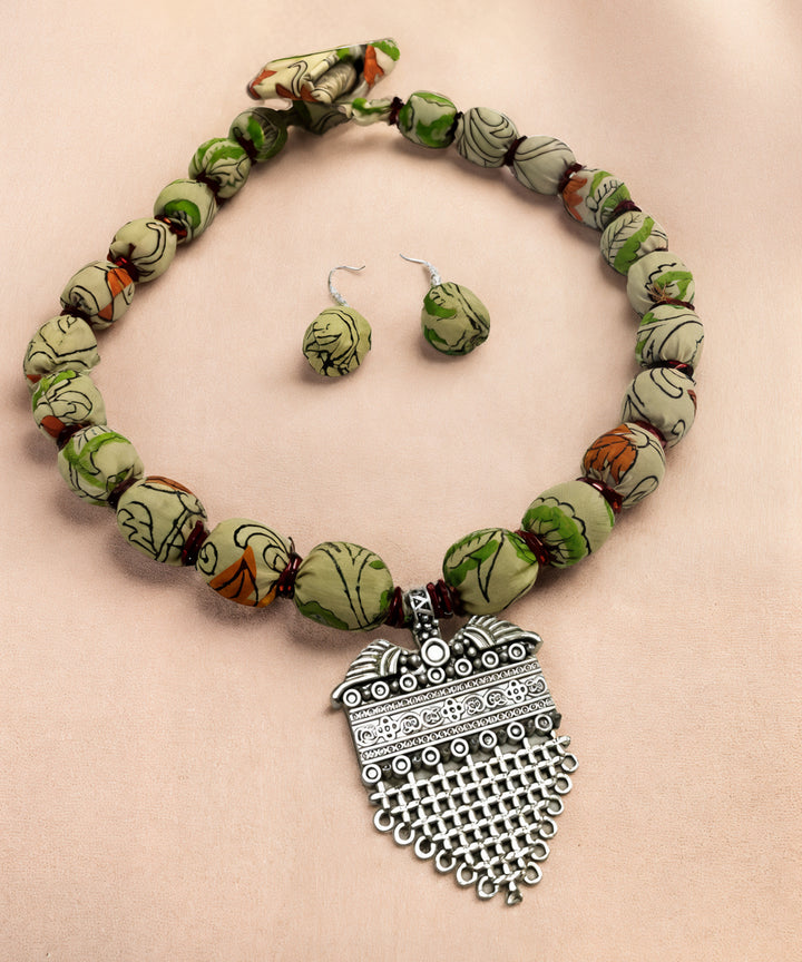 Dark green handmade block print fabric and metal necklace