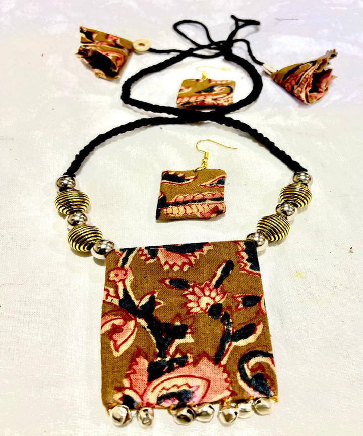 Mustard pink handmade block print fabric and metal necklace