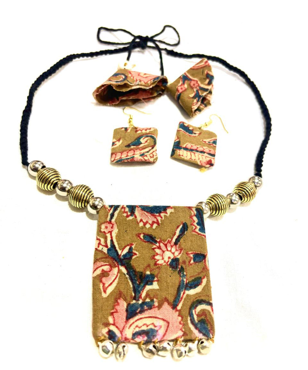 Mustard pink handmade block print fabric and metal necklace