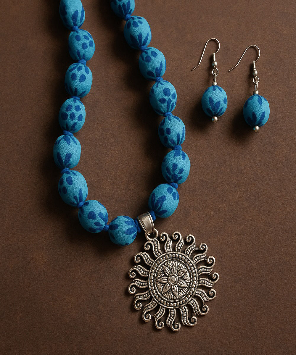 Sky blue handmade block print fabric and metal necklace