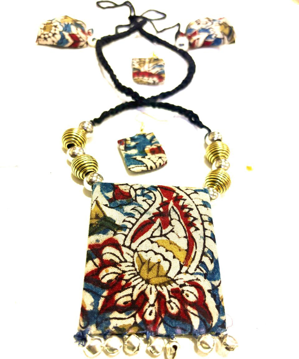 Multicolor handmade block print fabric and metal necklace