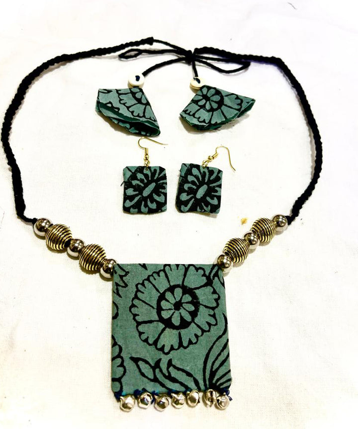 Grey block print fabric and metal handmade necklace