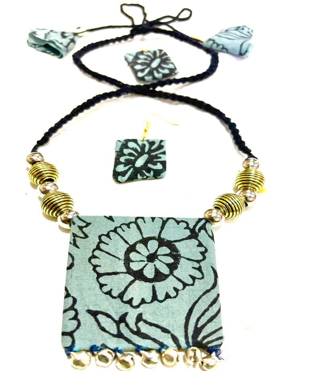 Grey block print fabric and metal handmade necklace