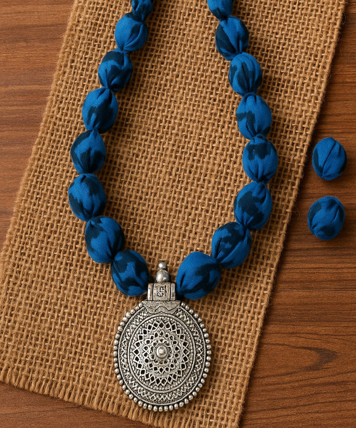 Navy blue block print fabric and metal handmade necklace