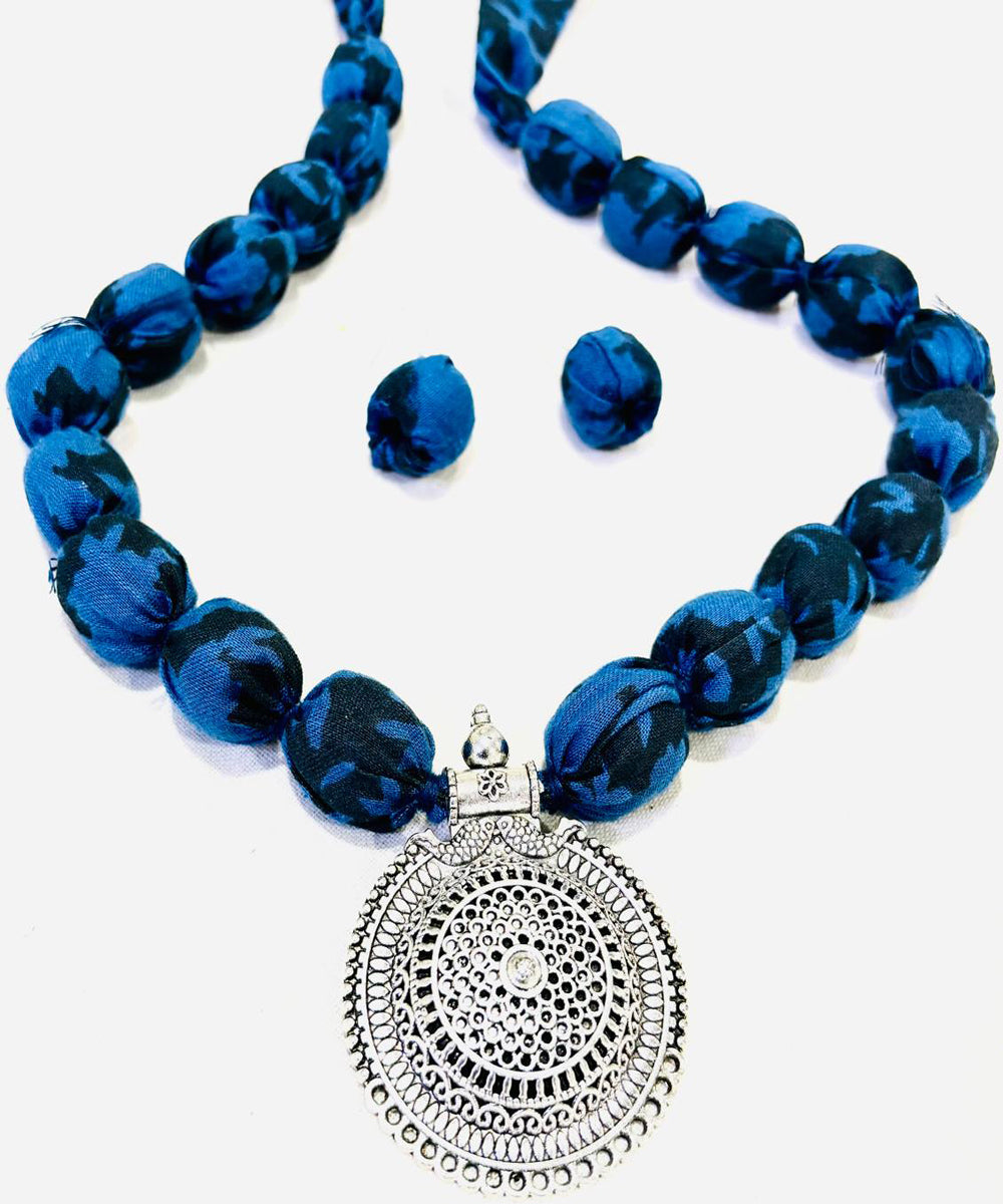 Navy blue block print fabric and metal handmade necklace