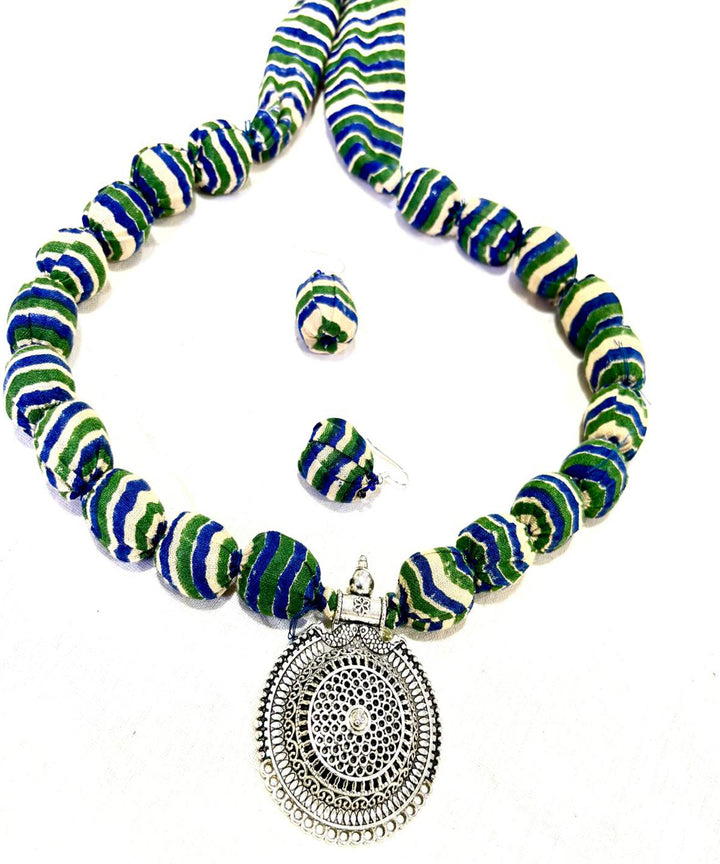 Stripes hand made block print fabric and metal necklace