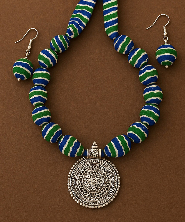 Stripes hand made block print fabric and metal necklace