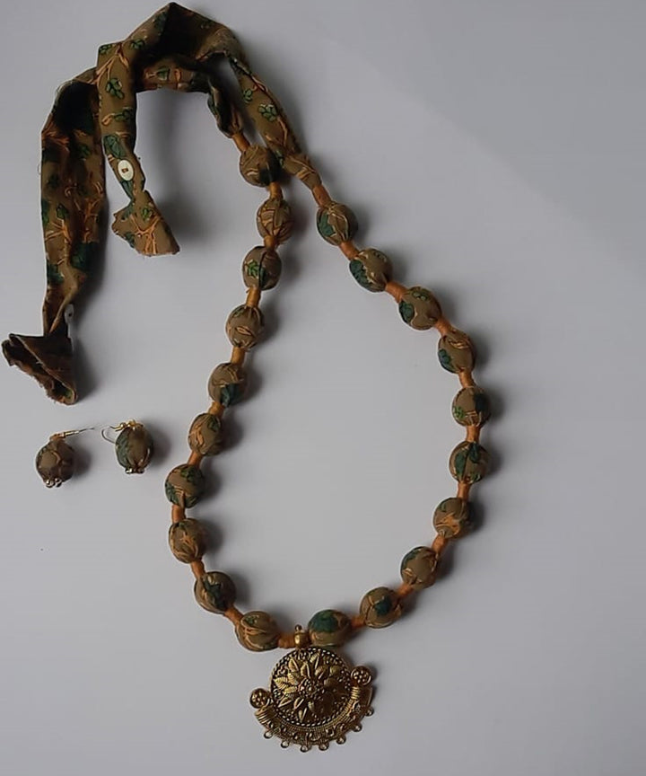Mustard handmade block print fabric and metal necklace