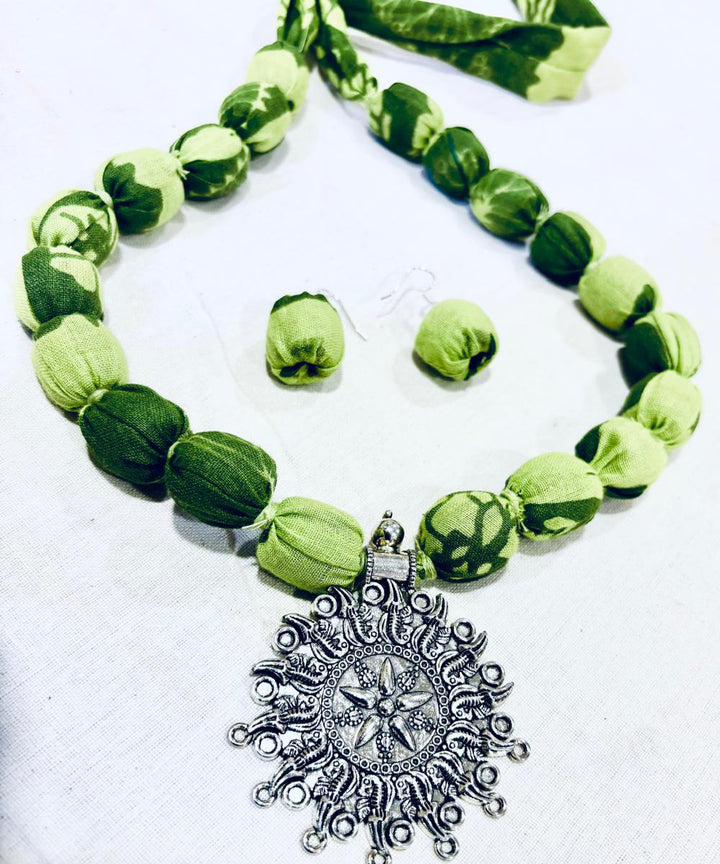 Lime green handmade block print fabric and metal necklace