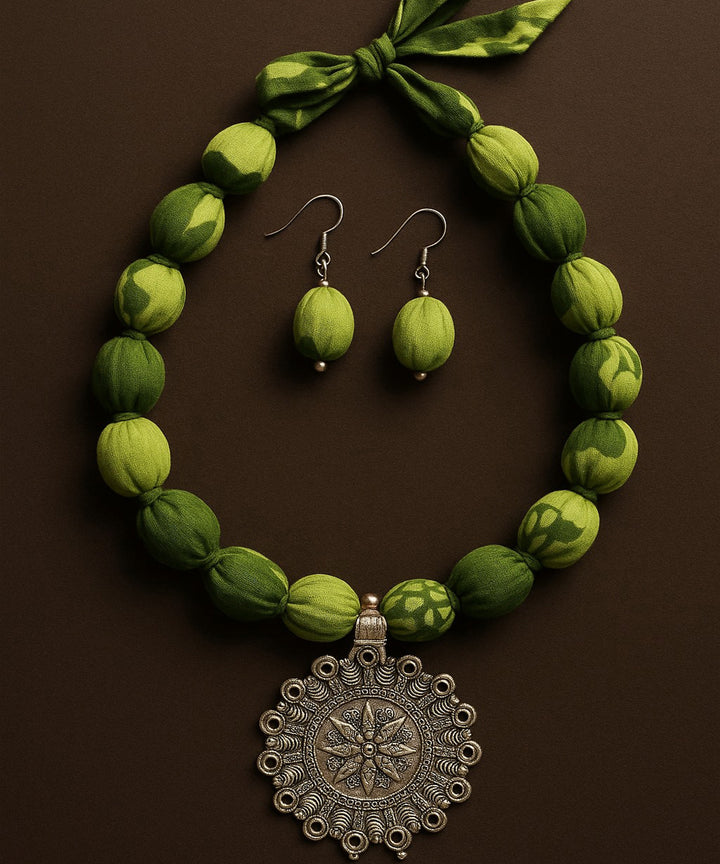Lime green handmade block print fabric and metal necklace