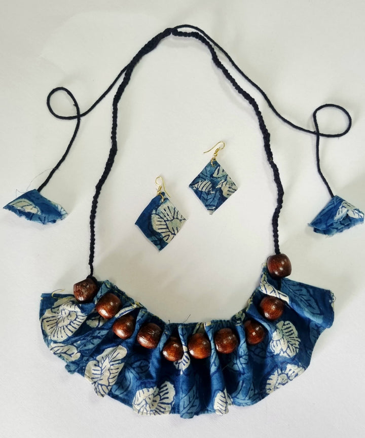 Indigo handmade block print fabric and metal necklace