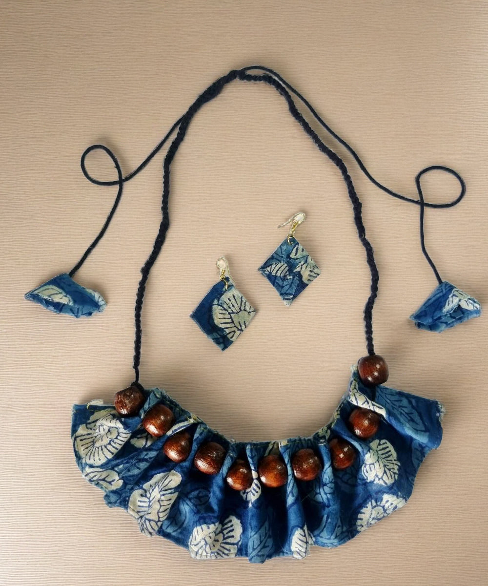 Indigo handmade block print fabric and metal necklace