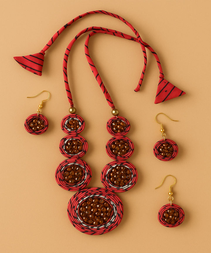 Pink hand made block print fabric and metal necklace