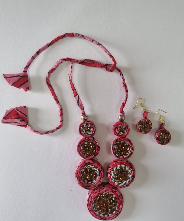Pink hand made block print fabric and metal necklace