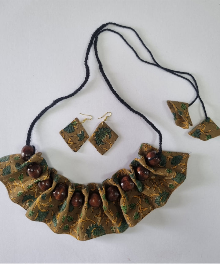 Olive green handmade block print fabric and metal necklace