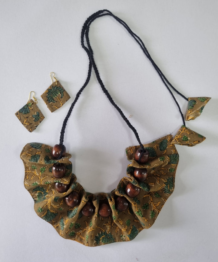 Olive green handmade block print fabric and metal necklace