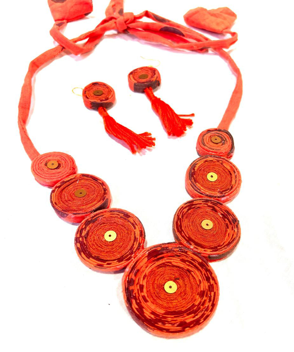 Orange handmade block print fabric and metal necklace