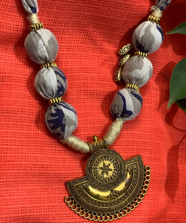 Grey handmade block print fabric and metal necklace