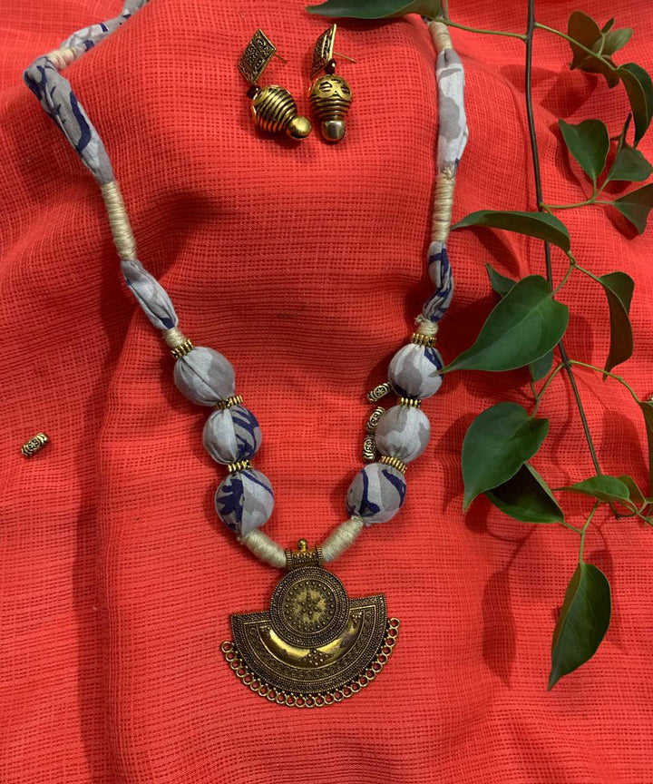 Grey handmade block print fabric and metal necklace