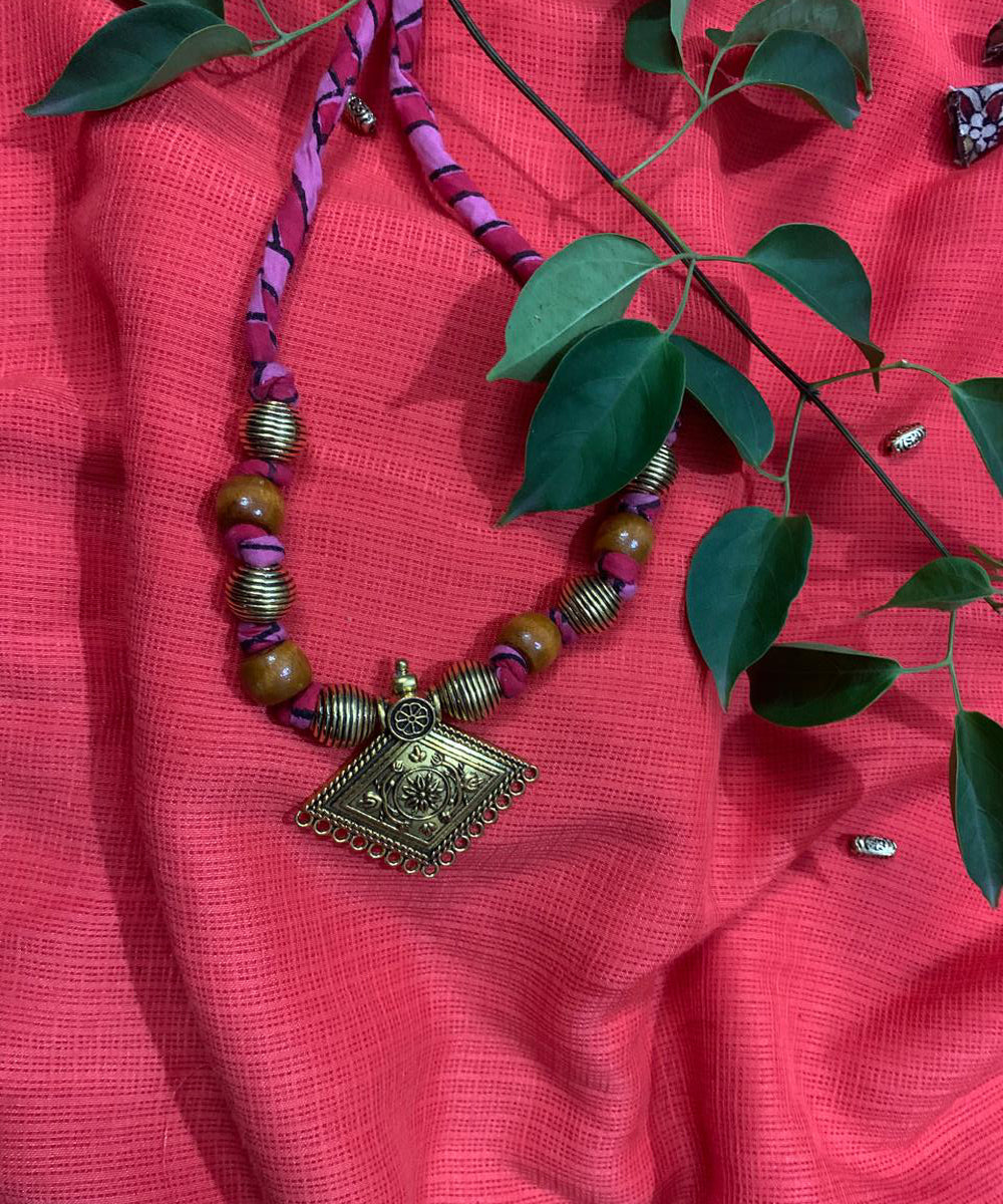 Pink hand made block print fabric metal necklace