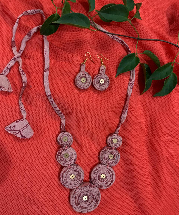 Pink block print fabric and metal handmade necklace