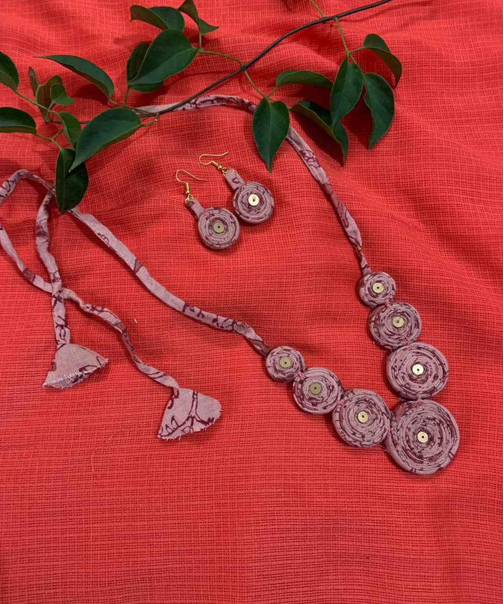 Pink block print fabric and metal handmade necklace