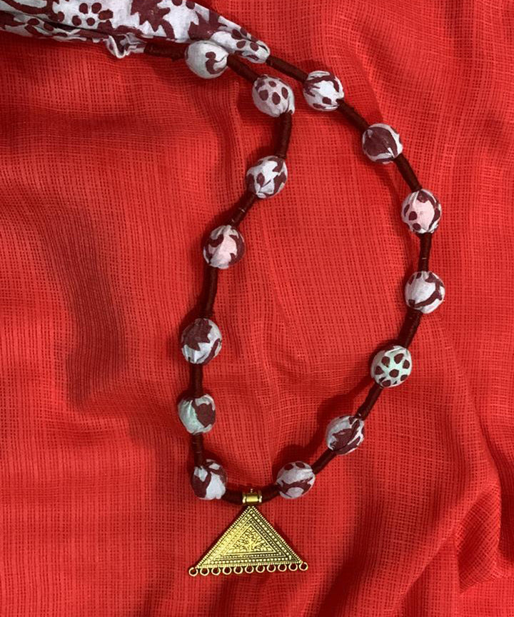 Red handmade block print fabric metal necklace