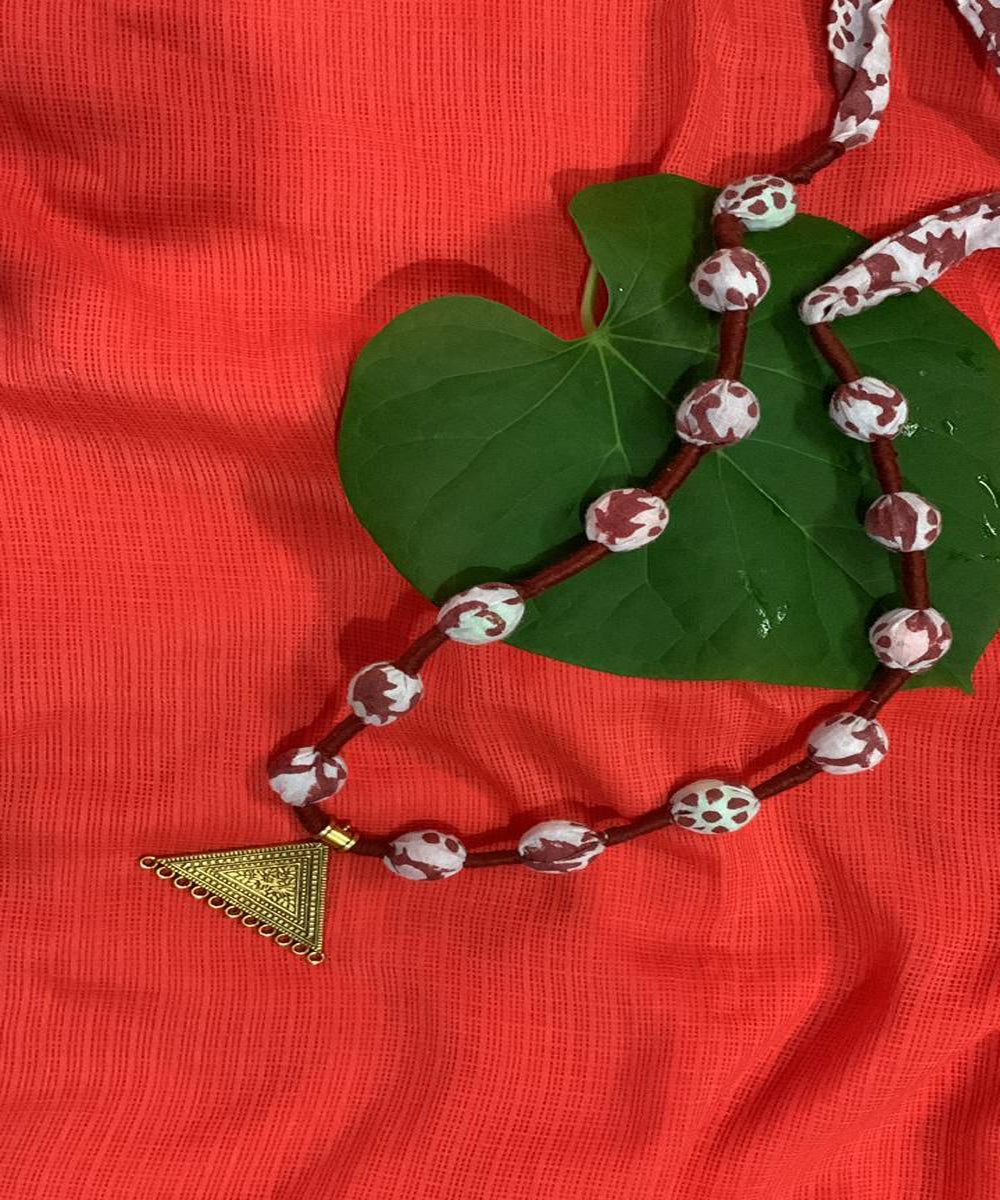 Red handmade block print fabric metal necklace