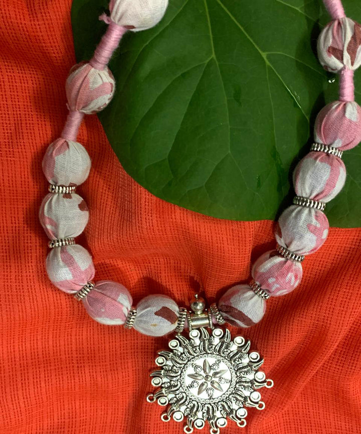 Pink handmade block print fabric metal necklace
