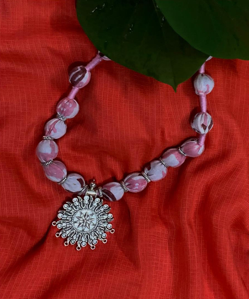 Pink handmade block print fabric metal necklace