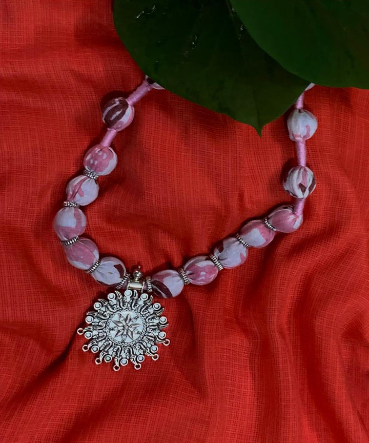 Pink handmade block print fabric metal necklace