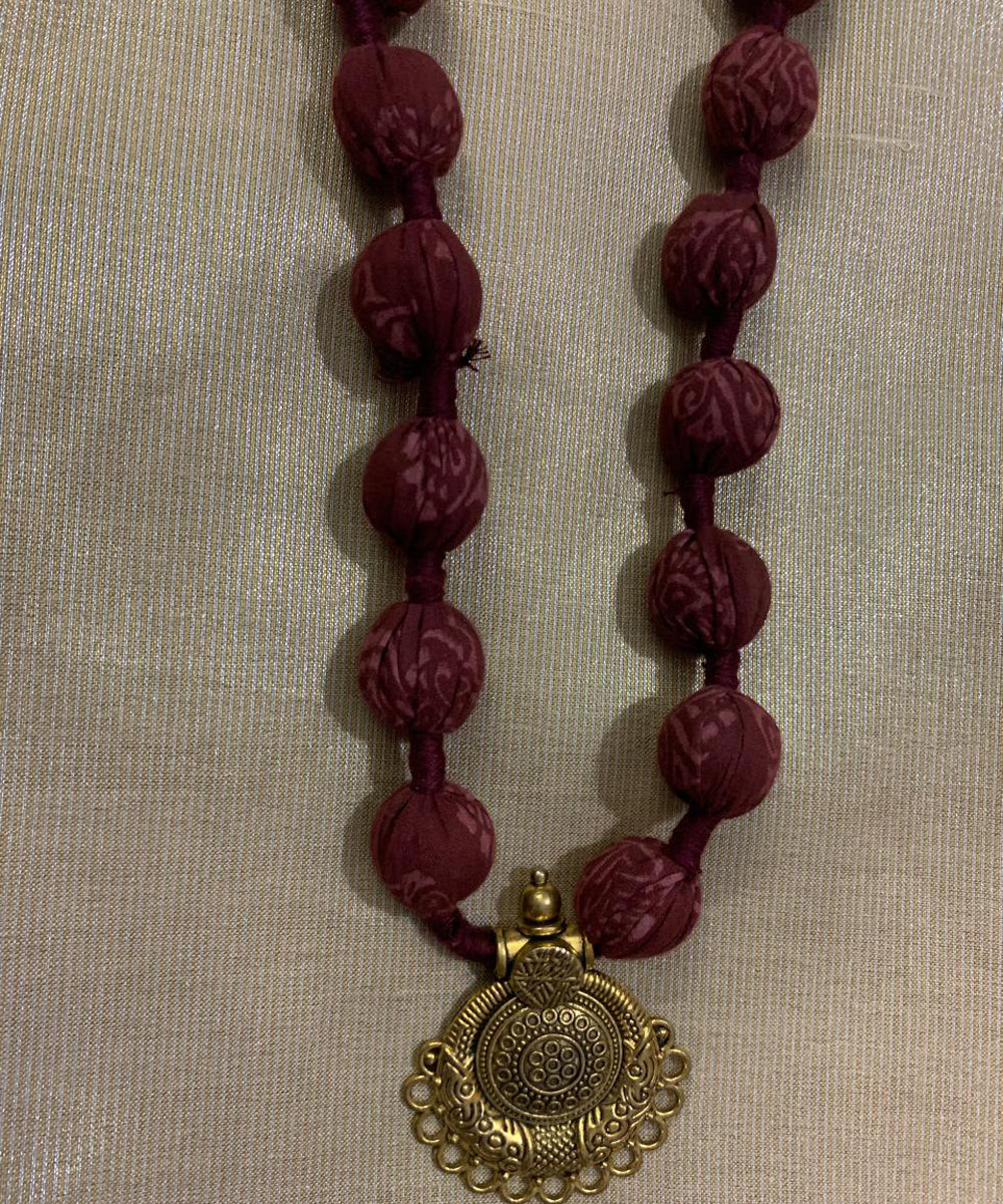 Maroon handmade block print fabric and metal necklace