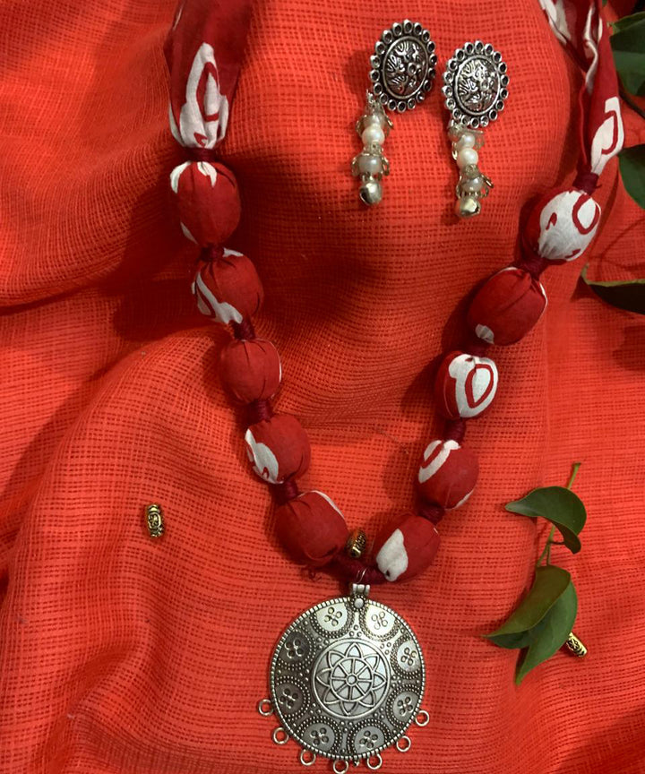 Red hand made block print fabric metal necklace