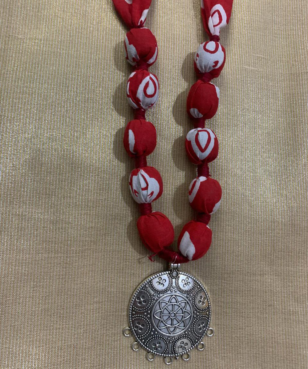 Red hand made block print fabric metal necklace