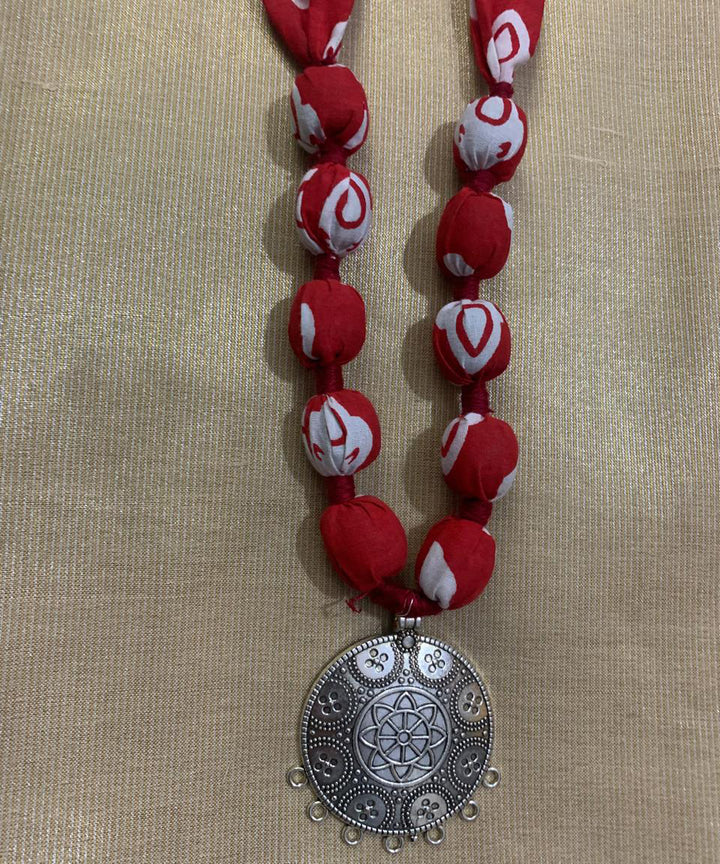 Red hand made block print fabric metal necklace