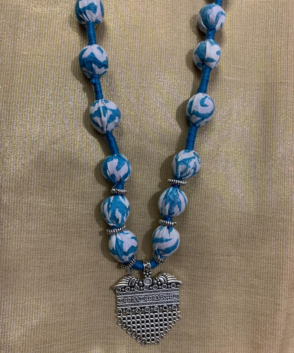 Navy blue block print fabric metal handmade necklace