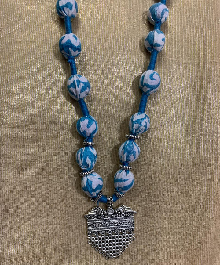 Navy blue block print fabric metal handmade necklace