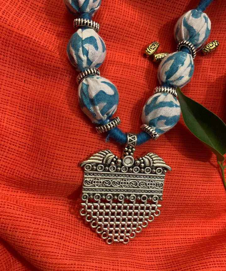 Navy blue block print fabric metal handmade necklace