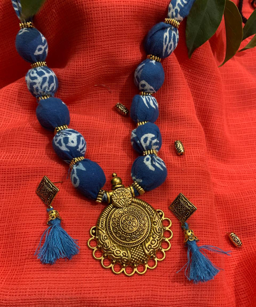 Navy blue handmade block print fabric and metal necklace
