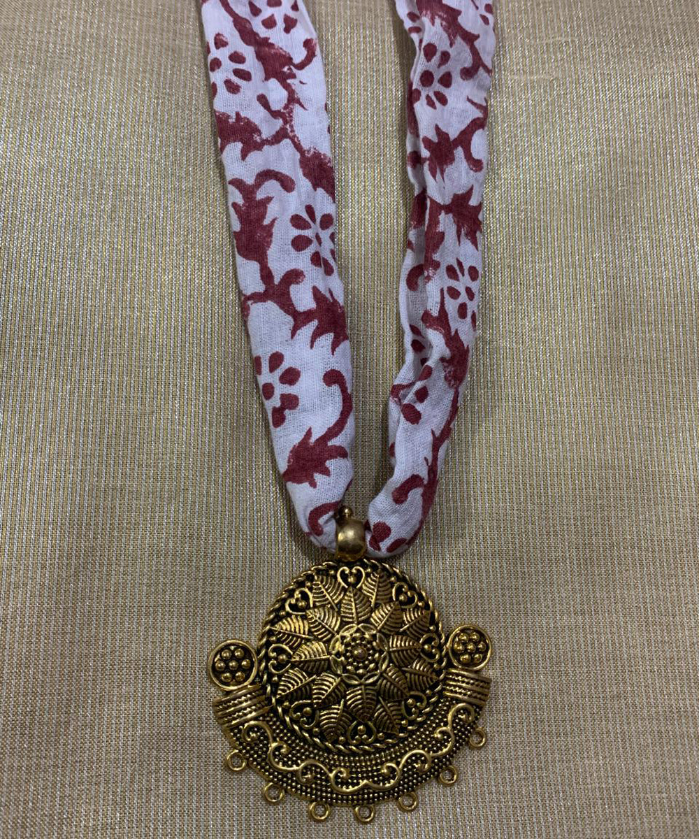 White red handmade block print fabric and metal necklace