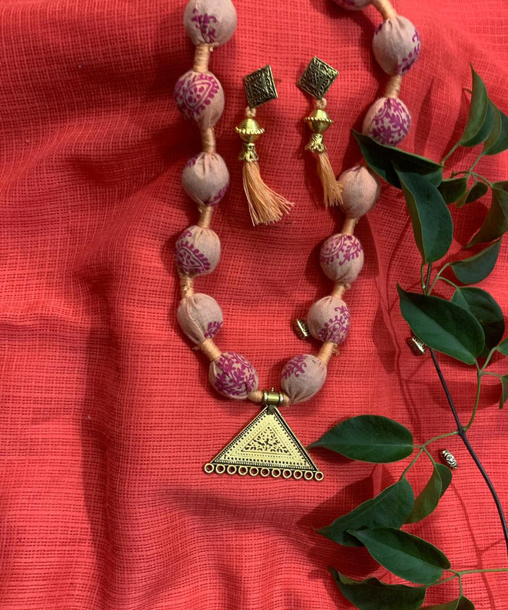 Pink handcrafted block print fabric metal necklace