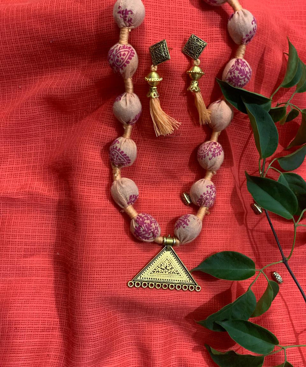Pink handcrafted block print fabric metal necklace
