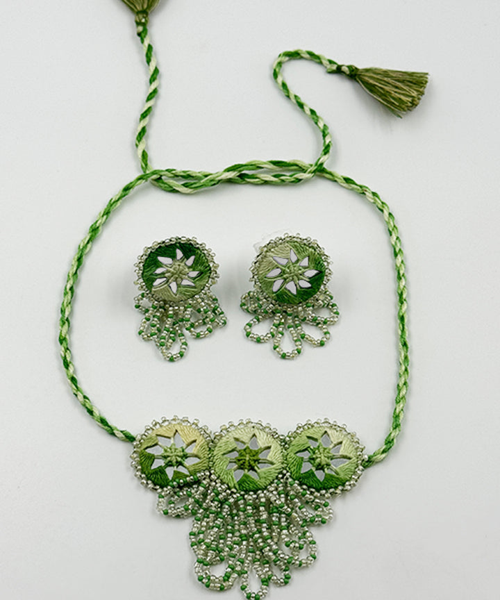 Cyan green handcrafted bead mirror cotton glass silver hooks necklace