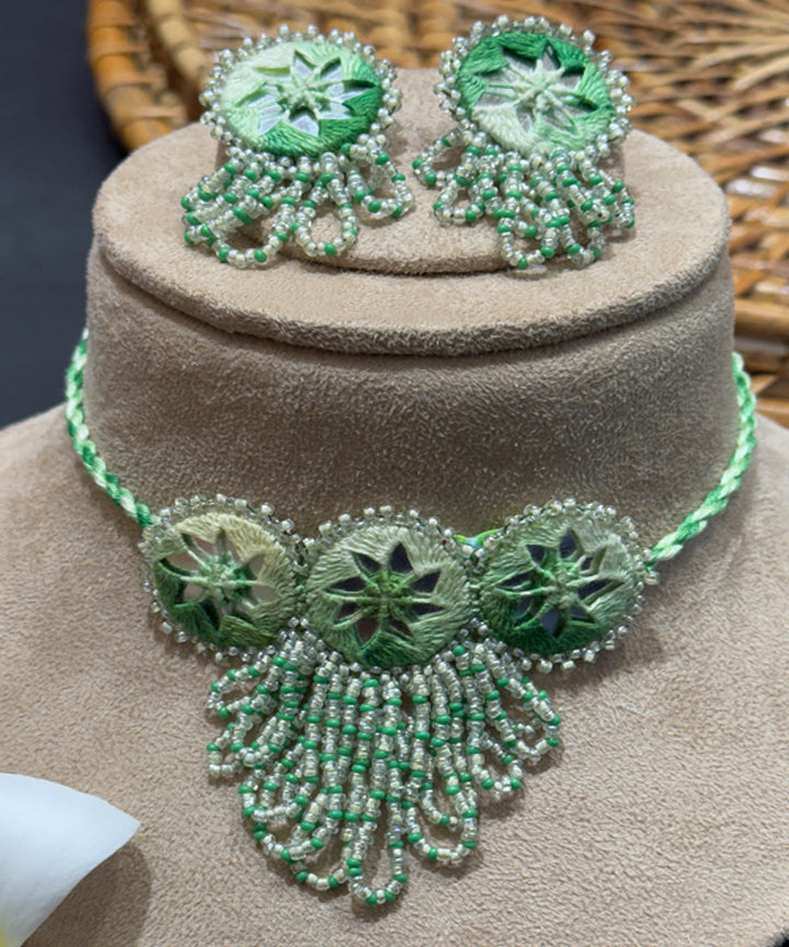 Cyan green handcrafted bead mirror cotton glass silver hooks necklace