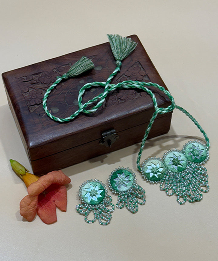 Cyan green handcrafted bead mirror cotton glass silver hooks necklace