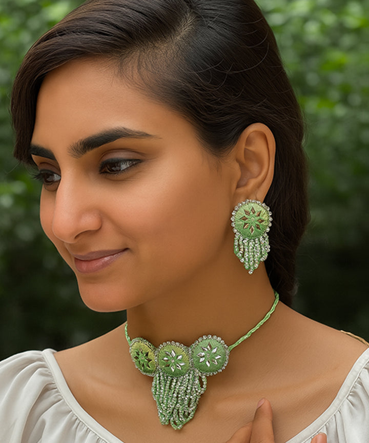 Cyan green handcrafted bead mirror cotton glass silver hooks necklace